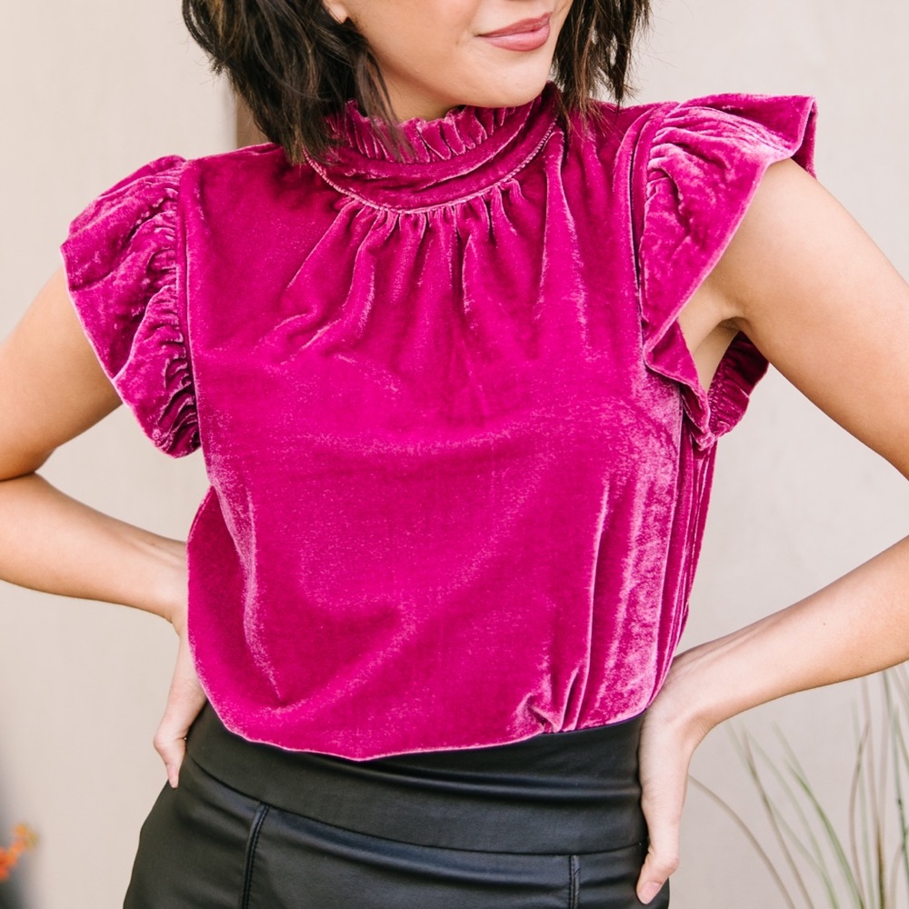 Fuchsia Velvet Mock Neck Top - Picture 1 of 8